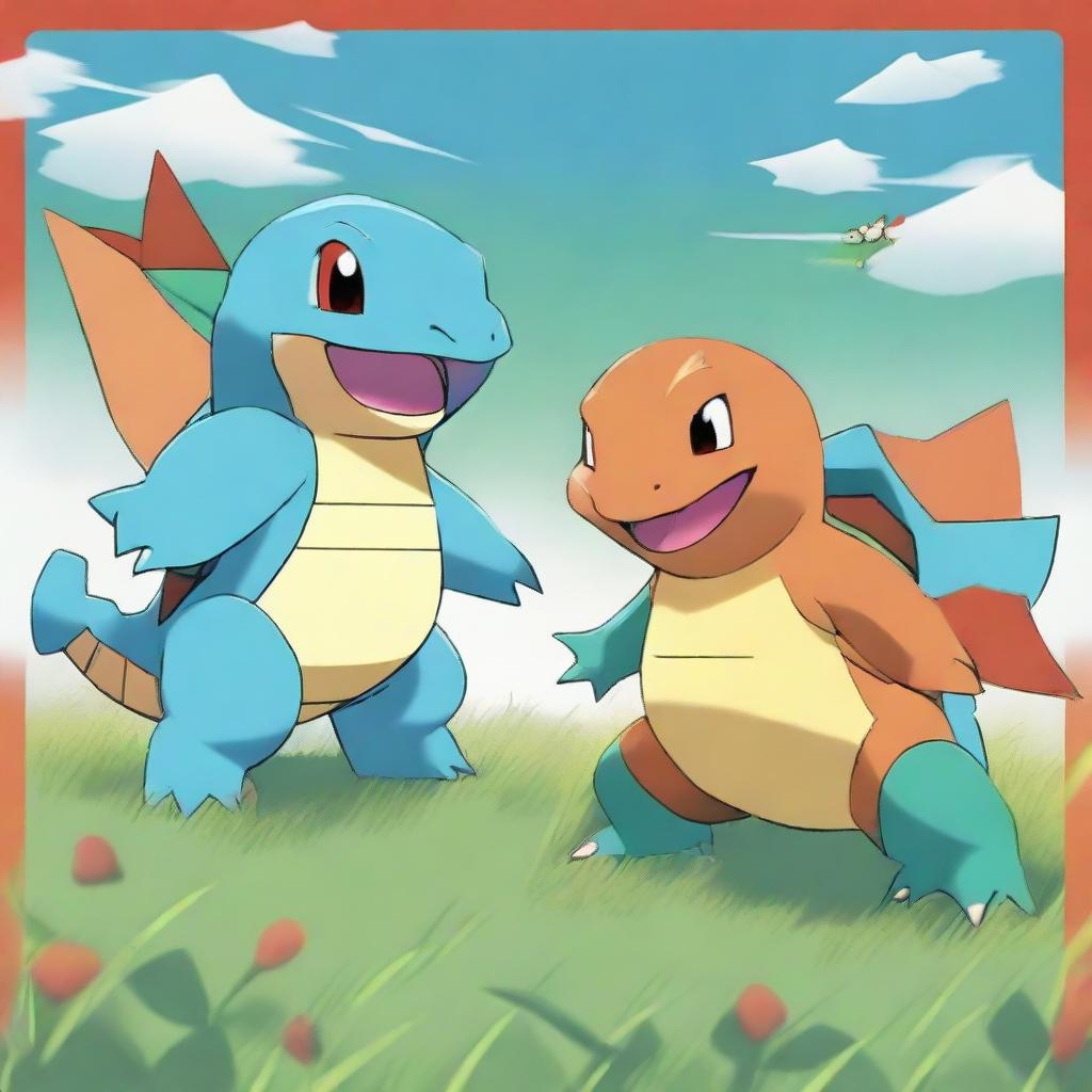 A dynamic Pokemon battle between Squirtle and Charizard. They face each other on a grassy battlefield. Squirtle is on the left with a green health bar, Charizard on the right with a red one.