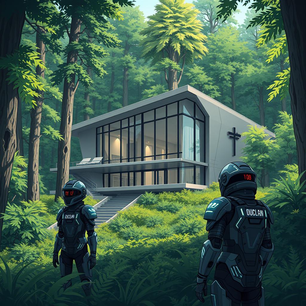 A futuristic house with sleek, industrial design nestled in the middle of a lush, dense forest, surrounded by trees and vibrant greenery