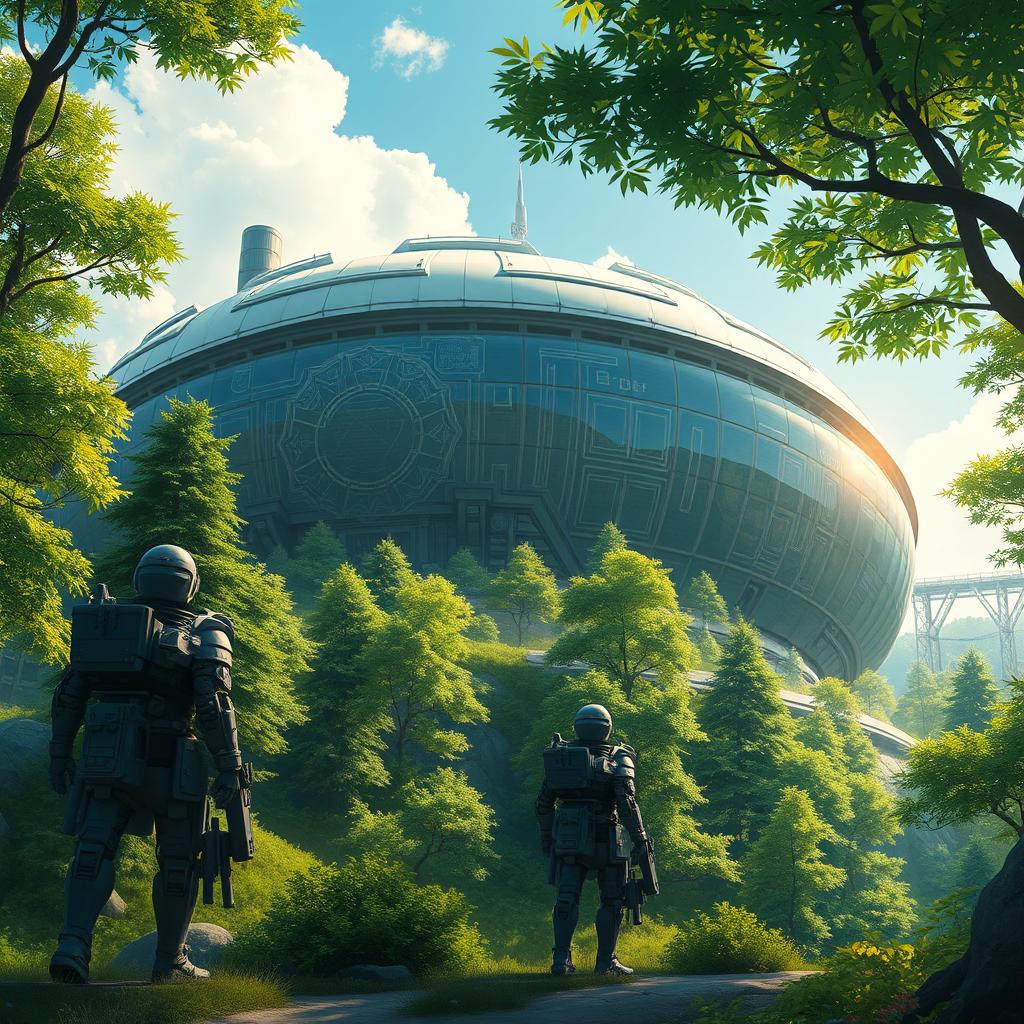 A stunning futuristic building with a smooth oval shape featuring intricate industrial design elements, seamlessly integrated into a lush, green forest