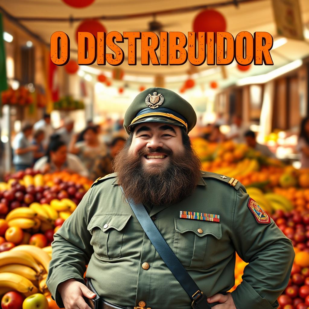 A cinematic movie poster featuring a cheerful, overweight soldier with a thick beard, joyfully distributing a colorful assortment of fruits