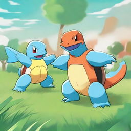 A dynamic Pokemon battle between Squirtle and Charizard. They face each other on a grassy battlefield. Squirtle is on the left with a green health bar, Charizard on the right with a red one.