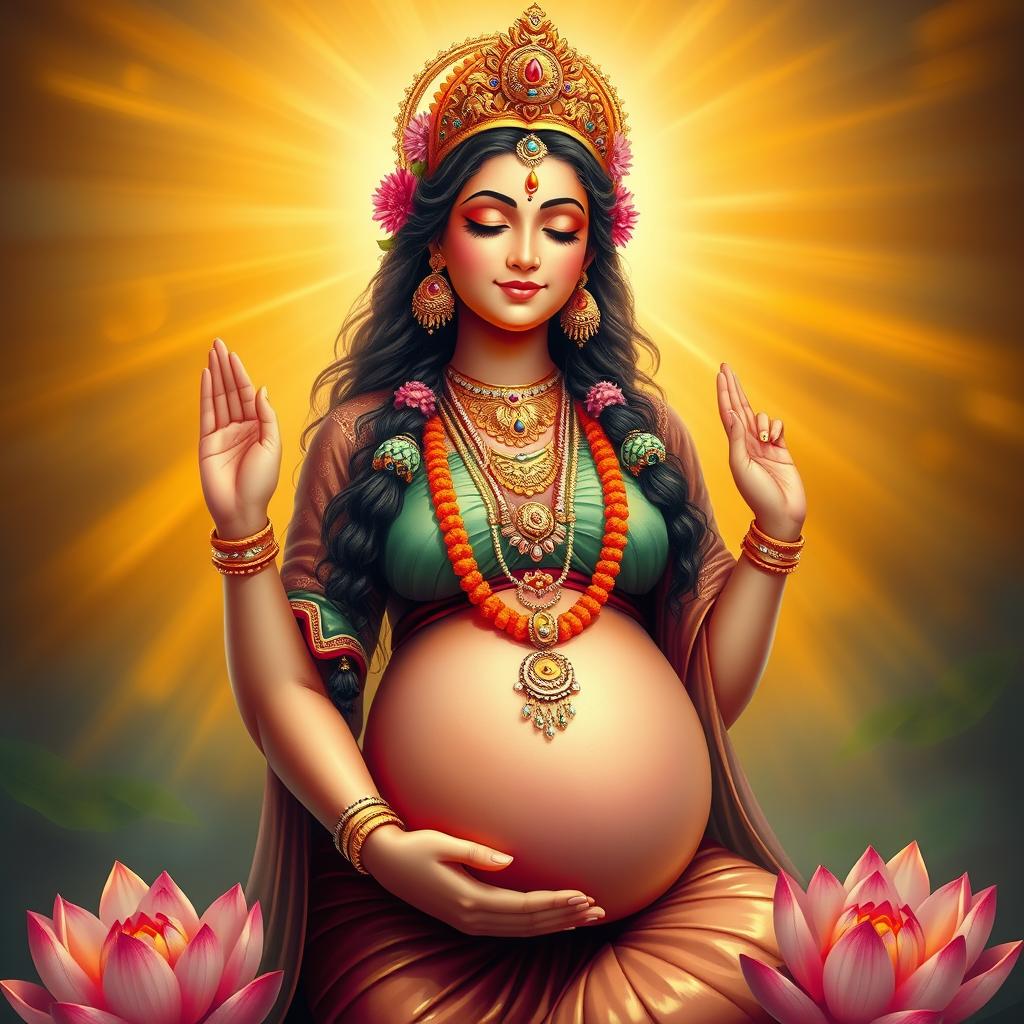 A serene and divine portrayal of a pregnant Hindu goddess, radiating warmth and tranquility