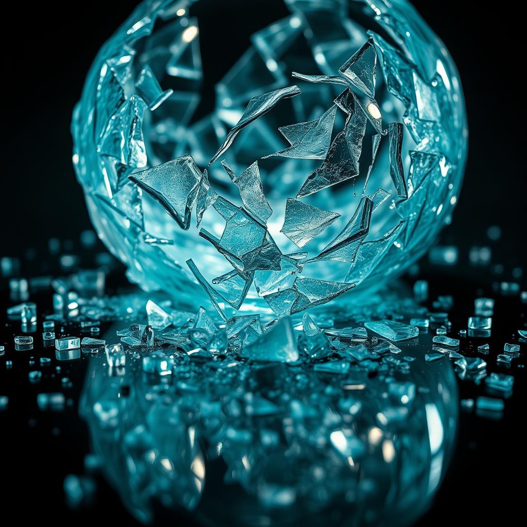 A shattered glass object, with sharp, jagged edges reflecting light, scattered tiny glass shards on a reflective surface, creating an intricate pattern of cracks and fragments, dramatic lighting highlighting the glass's texture and the way the light interacts with it, the colors ranging from transparent to slight tints of blue and green, evoking a sense of chaos and beauty in destruction