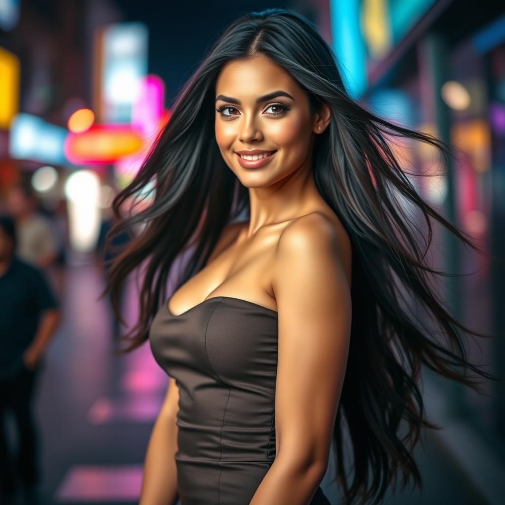 A stunning portrait of a confident and attractive woman with long, flowing dark hair, wearing a chic, form-fitting dress that beautifully accentuates her curves