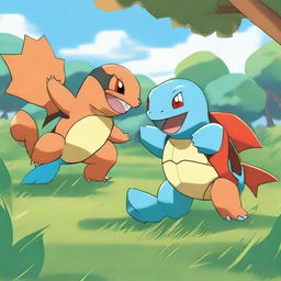 A dynamic Pokemon battle between Squirtle and Charizard. They face each other on a grassy battlefield. Squirtle is on the left with a green health bar, Charizard on the right with a red one.