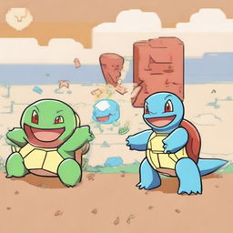 The scene after the Pokemon battle. The tired Squirtle is on the left with a depleted green health bar; victoriously, Charizard stands on the right with a slightly diminished red health bar.