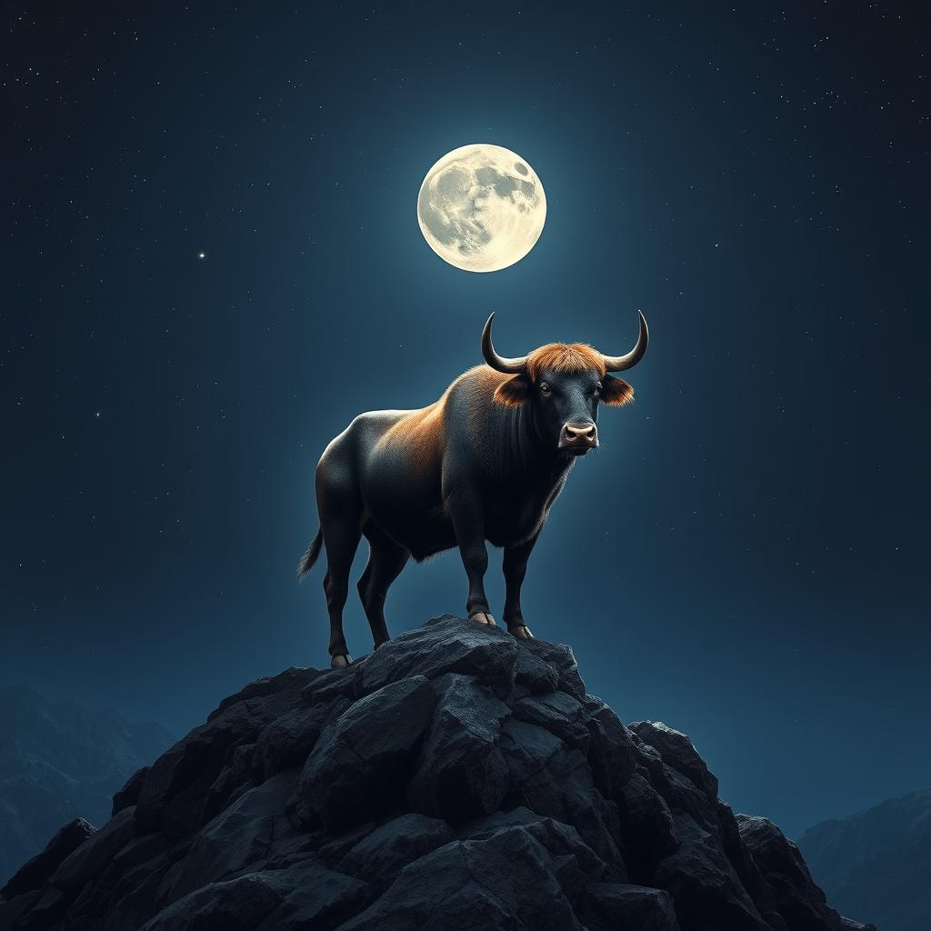 A majestic bull standing proudly on a mountain peak, bathed in the serene glow of moonlight