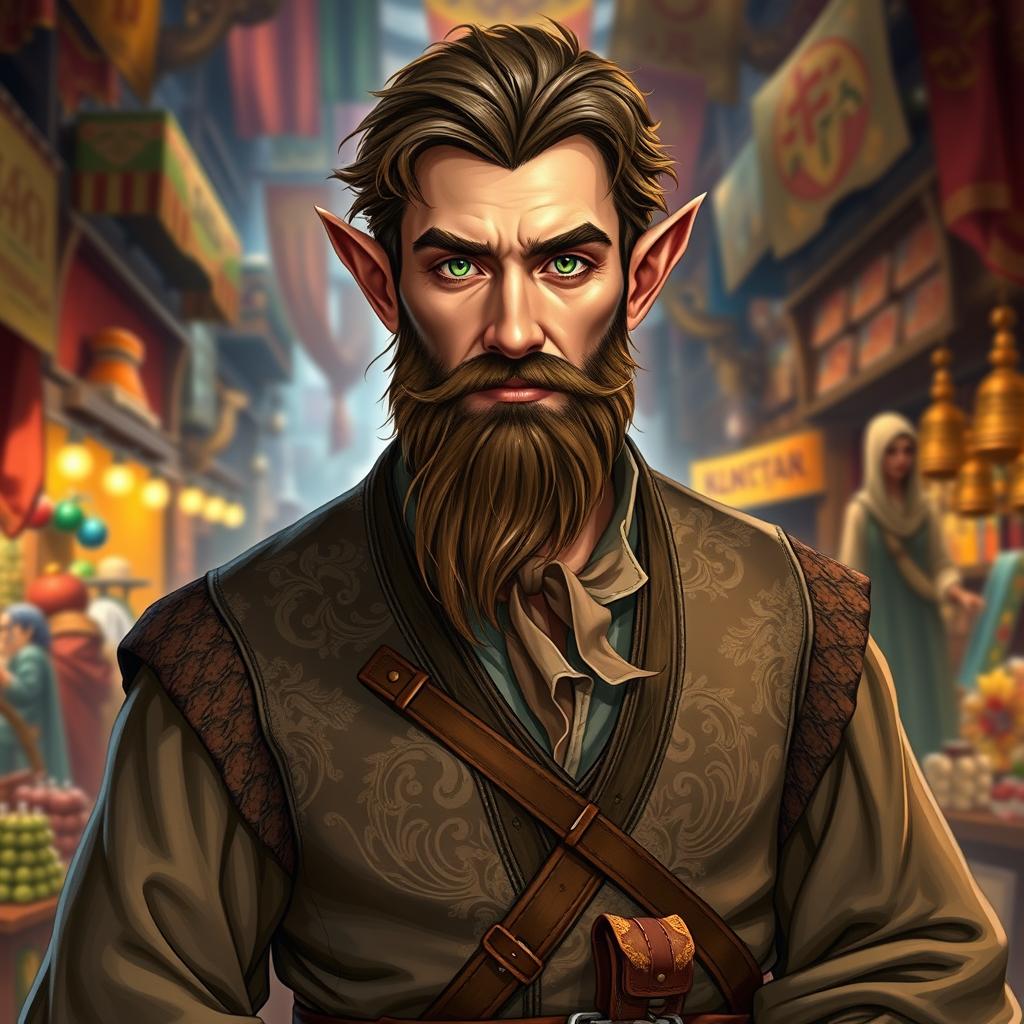 A half-elf man with a well-groomed beard and piercing green eyes, dressed in richly detailed merchant clothing
