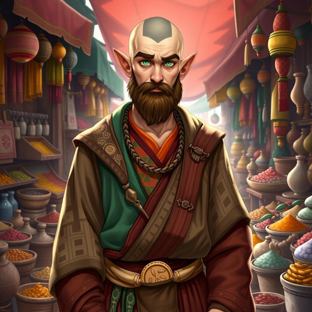 A half-elf character with a shaved head, a well-groomed beard, and striking green eyes