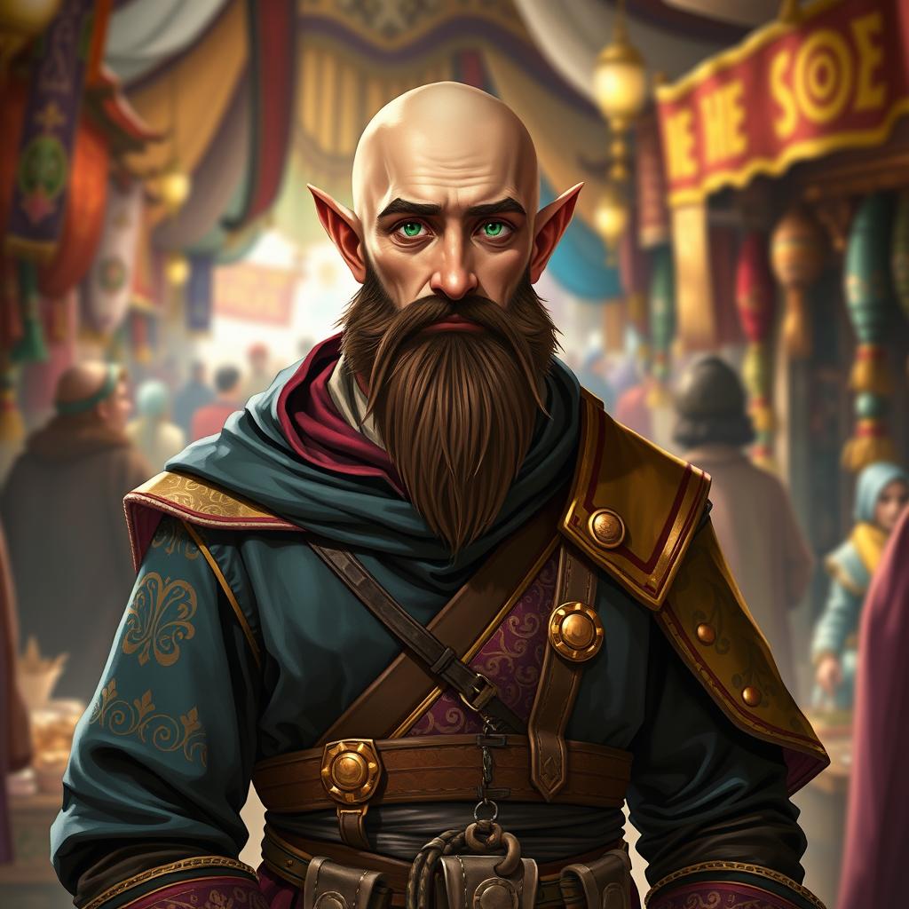 A half-elf character with a bald head, a well-groomed beard, and vibrant green eyes, dressed in elaborate merchant clothing
