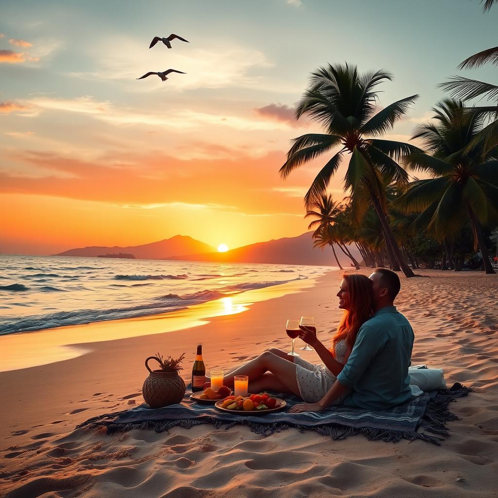 A stunning tropical beach at sunset, with golden sand and gentle waves lapping at the shore