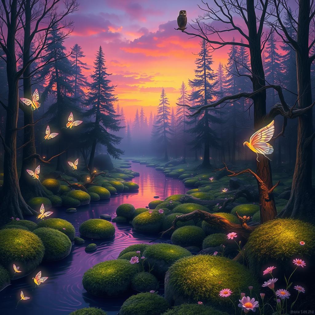 A mystical forest landscape at twilight, bathed in soft purple and orange hues