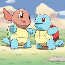 The scene after the Pokemon battle. The tired Squirtle is on the left with a depleted green health bar; victoriously, Charizard stands on the right with a slightly diminished red health bar.