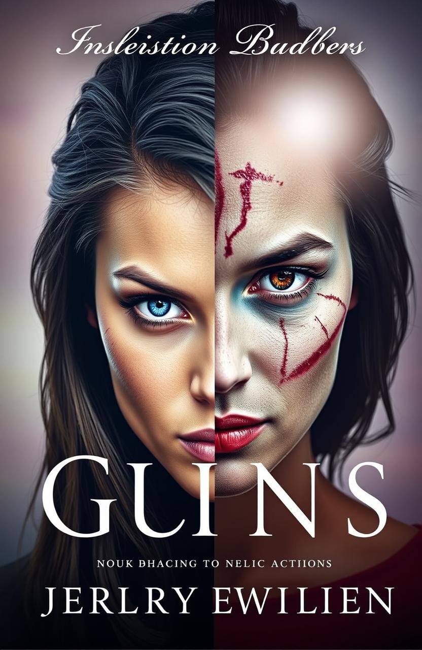 A striking book cover featuring a woman with a unique split face—one half showcasing stunning beauty with sparkling blue eyes and luscious long hair, while the other half displays a rugged appearance with prominent facial scars and dark, unkempt hair