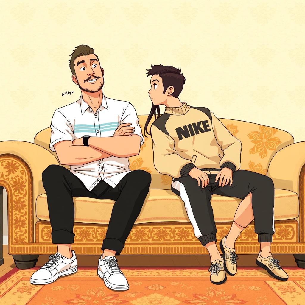 A Studio Ghibli-style illustration of a cozy room featuring two people sitting on a traditional beige and gold couch adorned with intricate Middle Eastern patterns