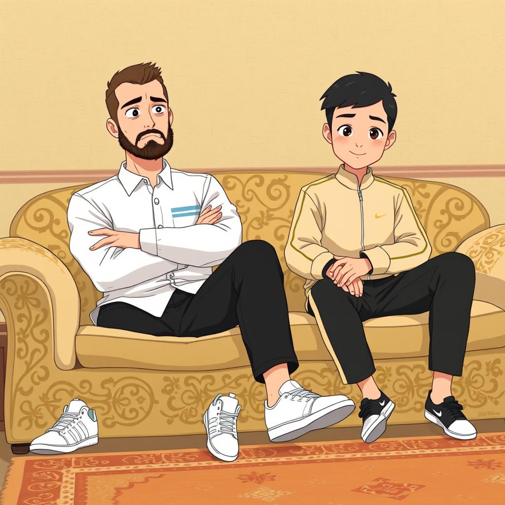 A Studio Ghibli-style illustration showing two people sitting on a traditional beige and gold couch with intricate Middle Eastern patterns