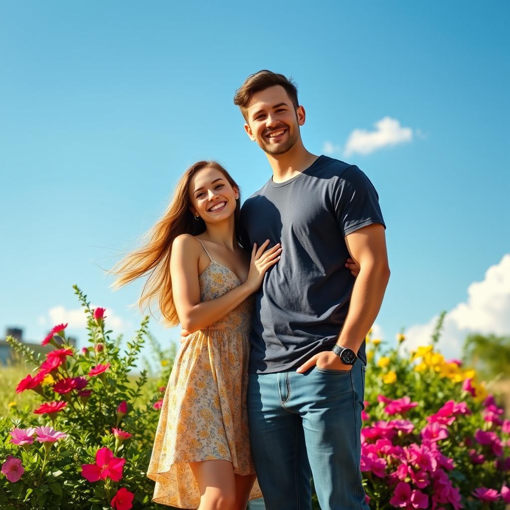 A beautiful girl standing beside a handsome man in a serene outdoor setting, both smiling and enjoying the moment