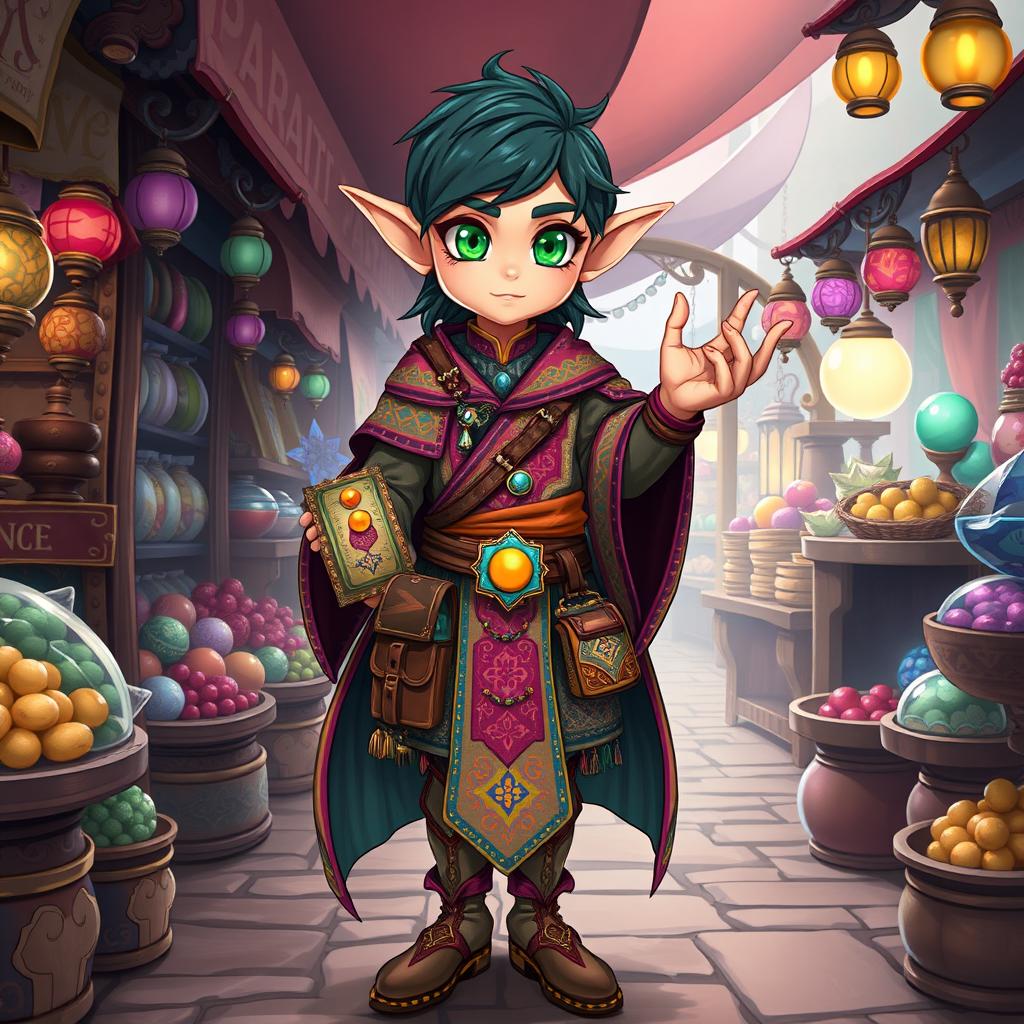 A half-elf character with striking glass-like green eyes, dressed in a colorful merchant's outfit adorned with intricate patterns and a lively color palette