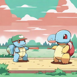 The scene after the Pokemon battle. The tired Squirtle is on the left with a depleted green health bar; victoriously, Charizard stands on the right with a slightly diminished red health bar.