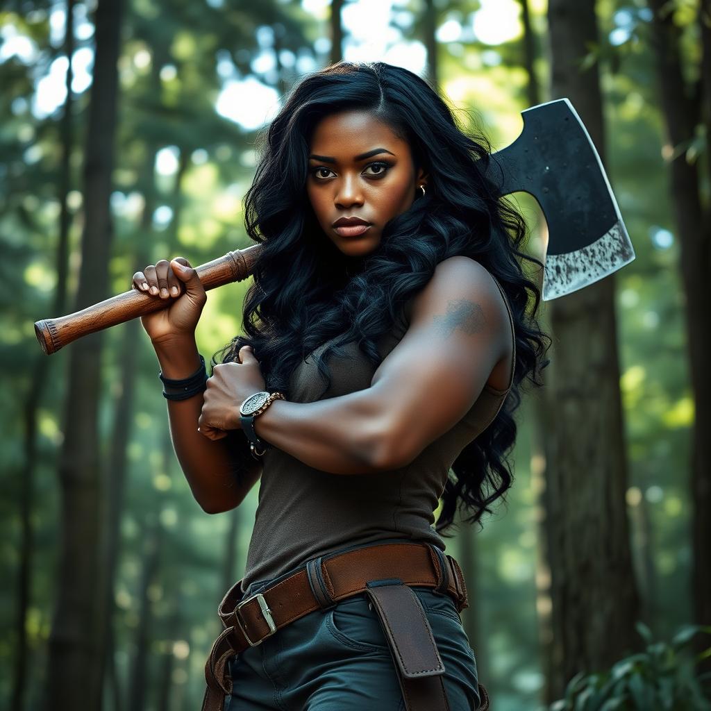 A strong and confident black woman with wavy black hair cascading to her shoulders, standing poised with a fierce expression