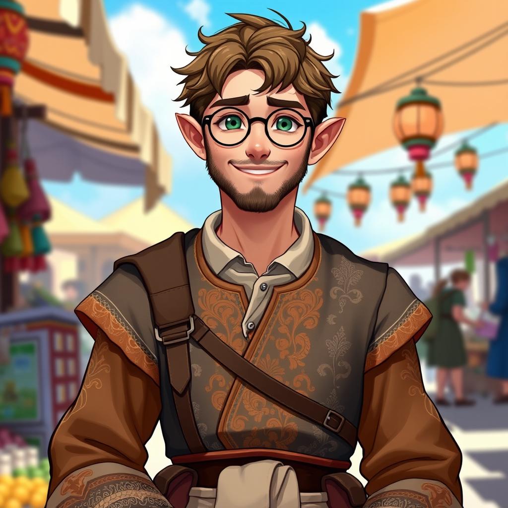 A half-elf male character with a short beard, wearing round glasses and having striking green eyes