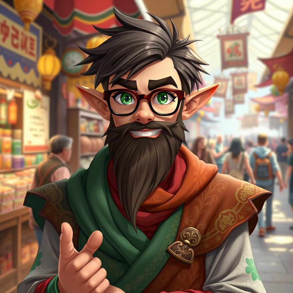 A half-elf male character with a well-groomed beard, wearing stylish glasses and possessing striking green eyes