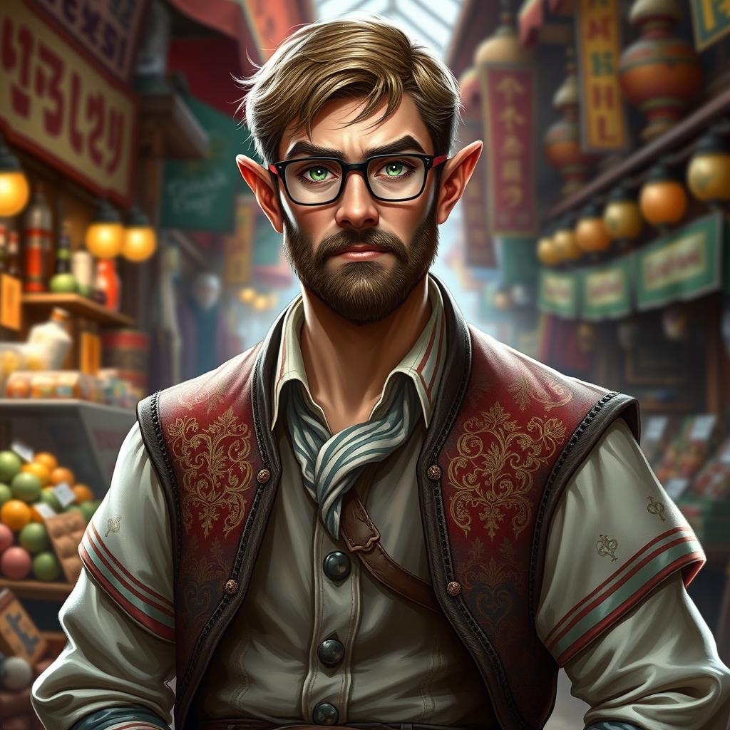 A realistic depiction of a half-elf male character with a short beard, wearing glasses and possessing striking green eyes
