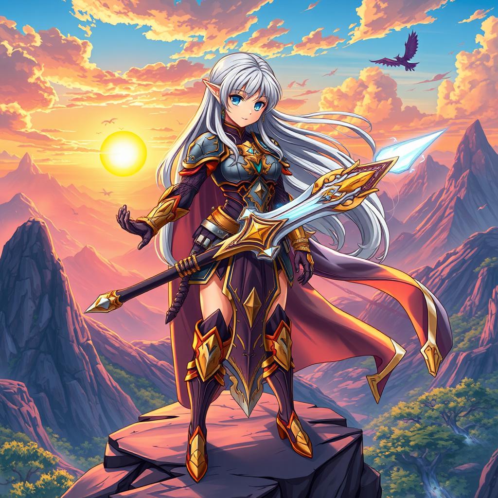An amazing anime-style character design, featuring a fierce female warrior with long flowing silver hair and bright blue eyes clad in intricately designed armor with golden accents