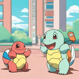 The scene after the Pokemon battle. The tired Squirtle is on the left with a depleted green health bar; victoriously, Charizard stands on the right with a slightly diminished red health bar.