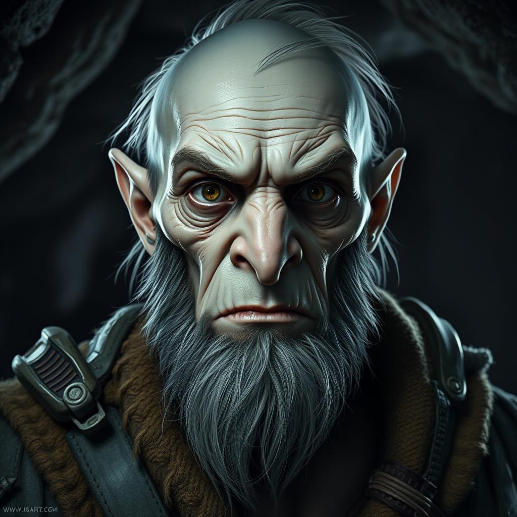 A male dwarf with an uncommonly gaunt face, featuring sharp, angular features that create a deathlike visage, making him appear unsettling
