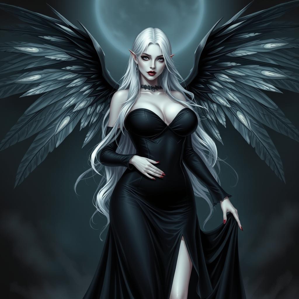 A mesmerizing vampire lady with very pale white skin, flowing white hair, and captivating colorless white eyes, now featuring majestic black wings that extend elegantly behind her