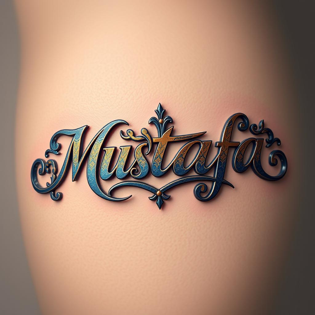 A stunning 3D tattoo design featuring the name "Mustafa" in elegant calligraphy