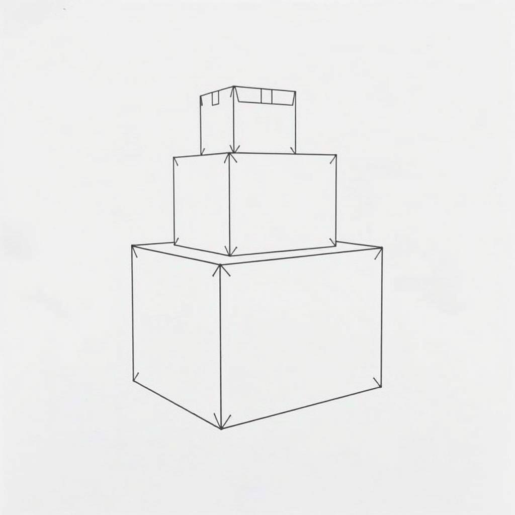 A technical drawing illustrating three boxes in a middle view perspective