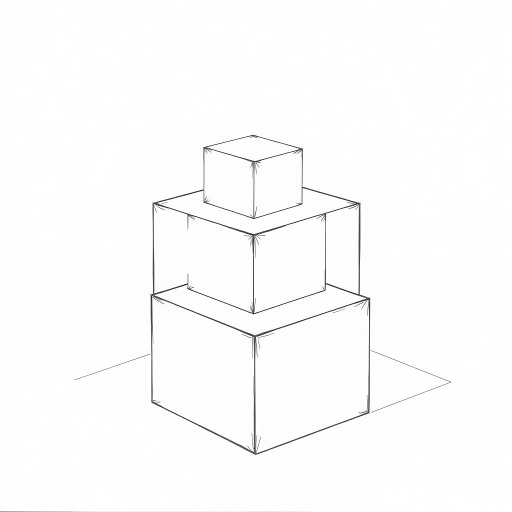 A detailed drawing on paper illustrating three boxes in a composition