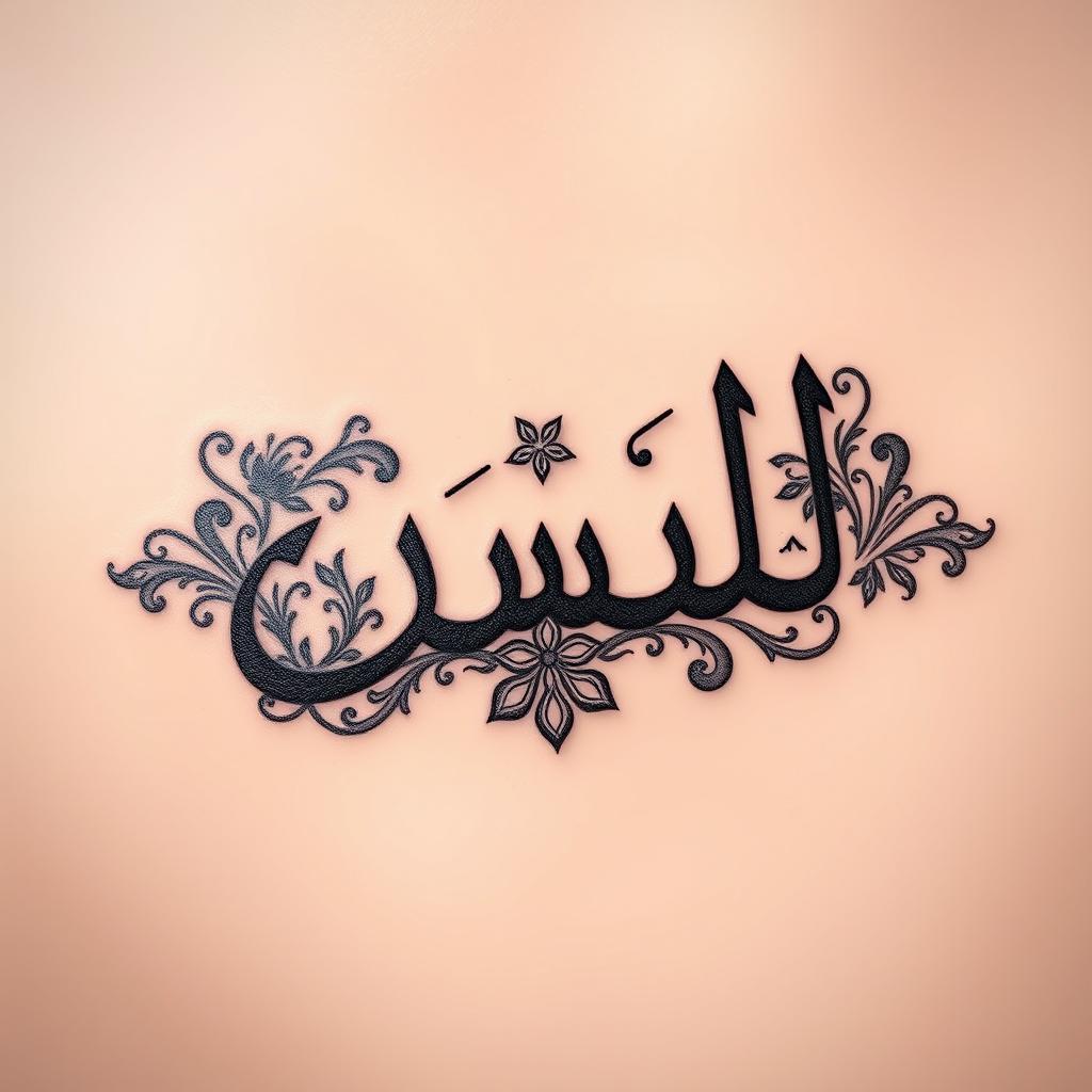 A three-dimensional tattoo design featuring the Arabic name "مصطفى" beautifully styled with intricate floral and geometric patterns