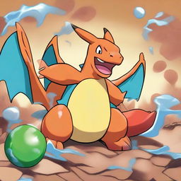 Charizard is seen in the aftermath of the battle, triumphant, with Squirtle fainted on the battlefield. Charizard's red health bar has only a minor decrease, while Squirtle's green bar is entirely drained.