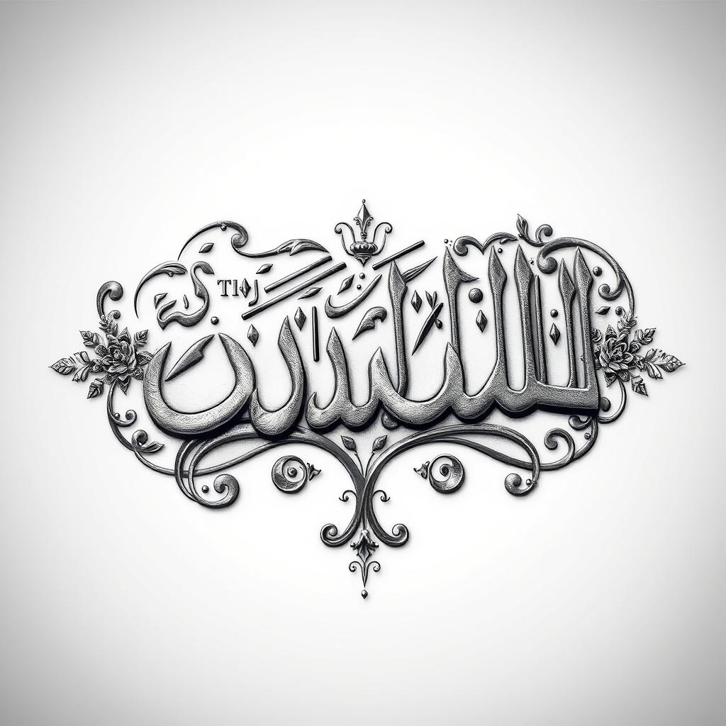 A stunning 3D tattoo design featuring the name 'مصطفى' in beautiful Arabic calligraphy