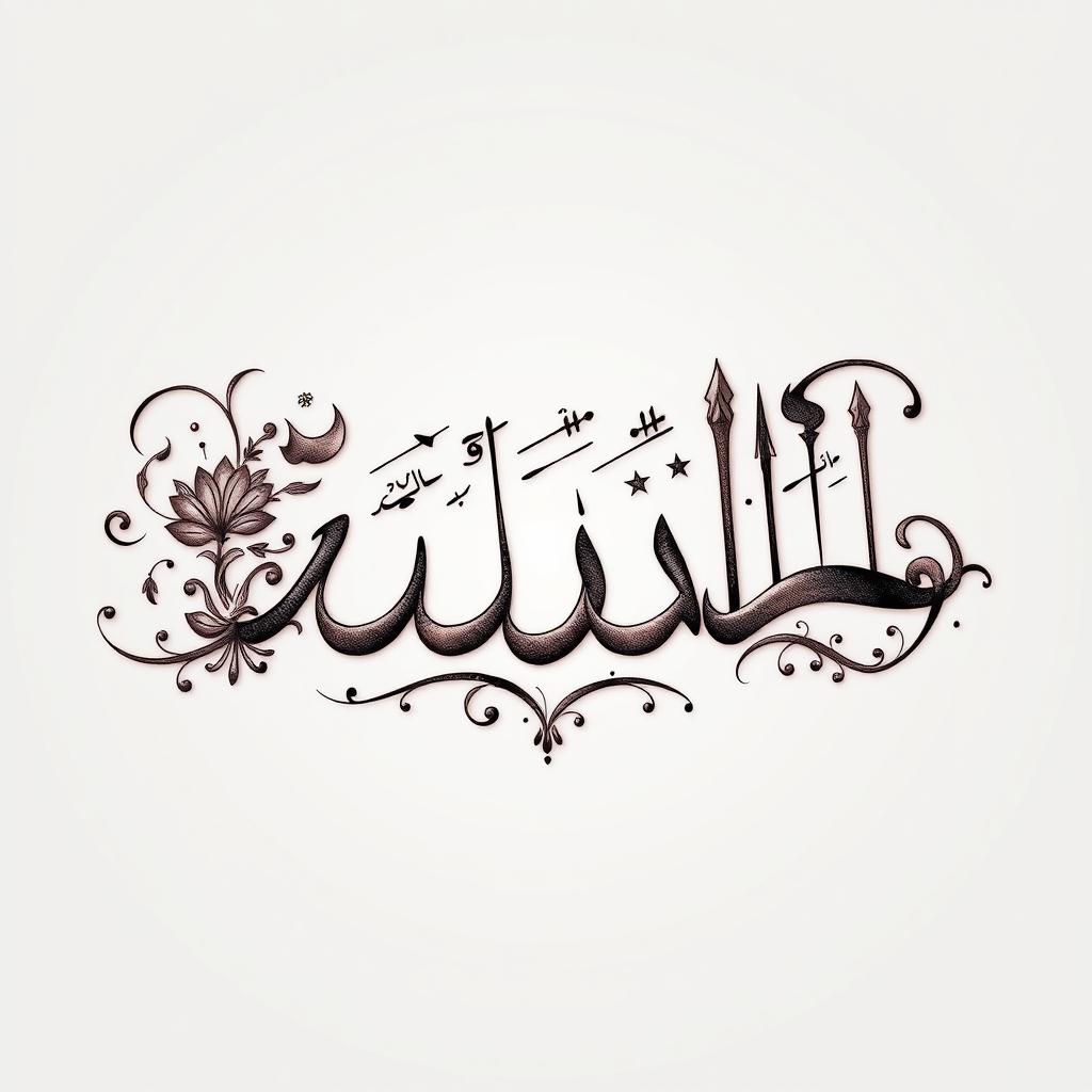 An exquisite 3D tattoo design featuring the name 'مصطفى' in elegant Arabic calligraphy