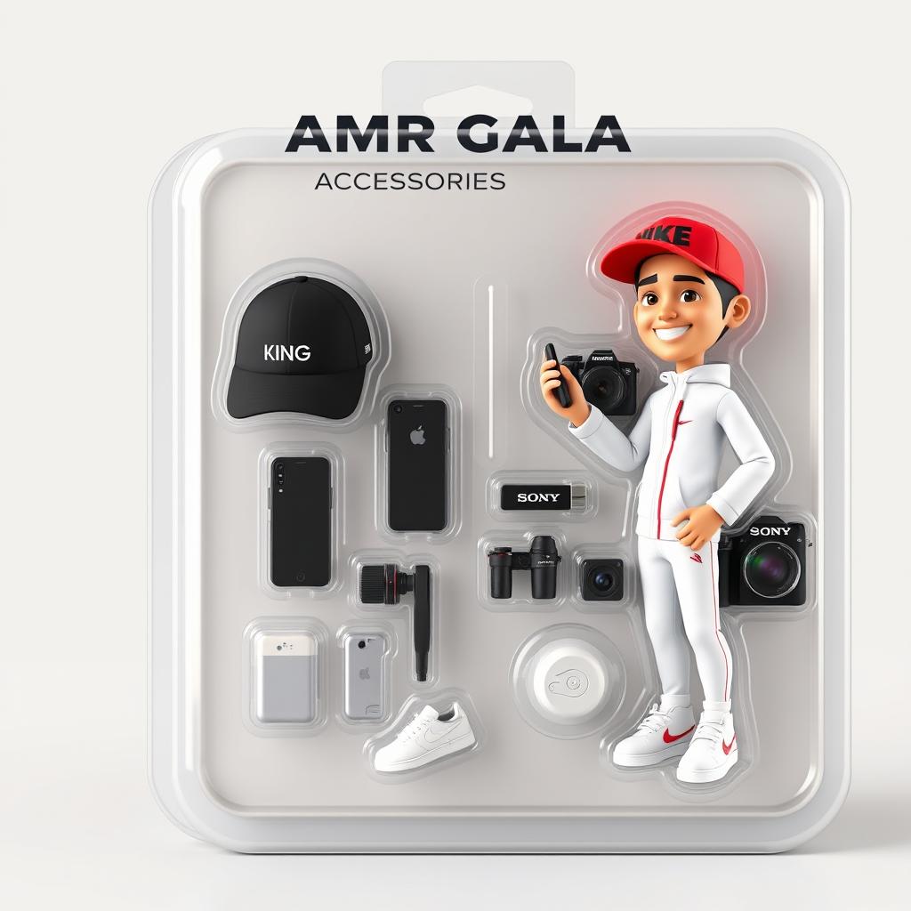 Create a stylized 3D toy box character package featuring a male character named “Amr Galal