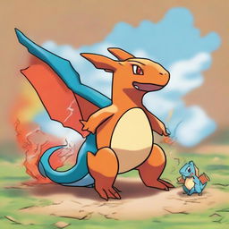 Charizard is seen in the aftermath of the battle, triumphant, with Squirtle fainted on the battlefield. Charizard's red health bar has only a minor decrease, while Squirtle's green bar is entirely drained.