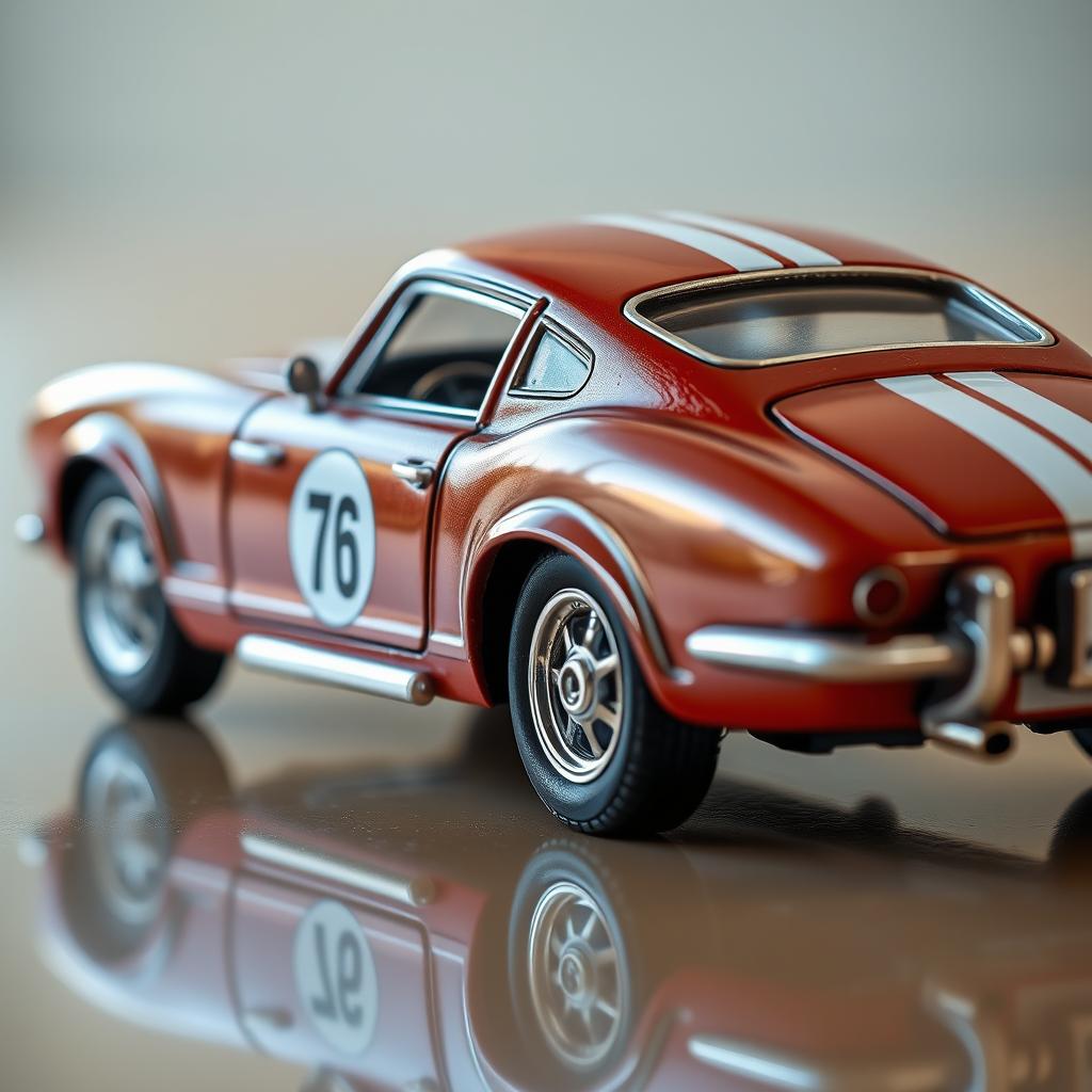 A detailed and realistic image of a vintage die-cast model car, showcasing its shiny metallic finish and intricate details, including realistic wheels, windows, and decals