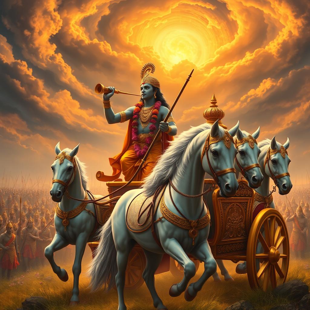 Ultra-realistic digital painting of Lord Krishna as the charioteer of Arjuna on the battlefield of Kurukshetra