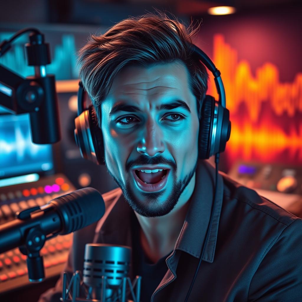 A stylized portrait of a charismatic voice over and anchoring artist in a modern studio setting, surrounded by high-tech microphones, sound panels, and mixing equipment