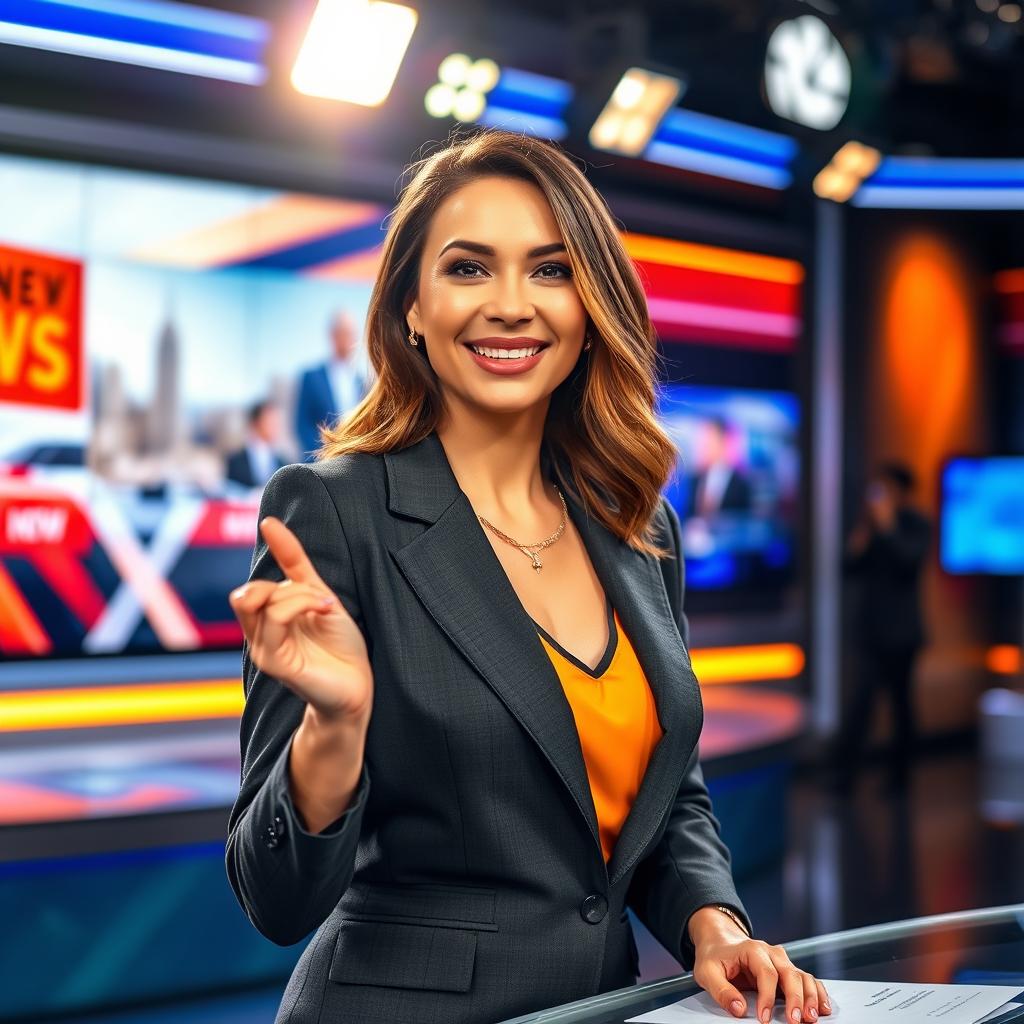 A captivating image of a female anchoring artist during a live broadcast