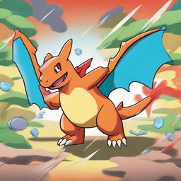 Charizard is seen in the aftermath of the battle, triumphant, with Squirtle fainted on the battlefield. Charizard's red health bar has only a minor decrease, while Squirtle's green bar is entirely drained.