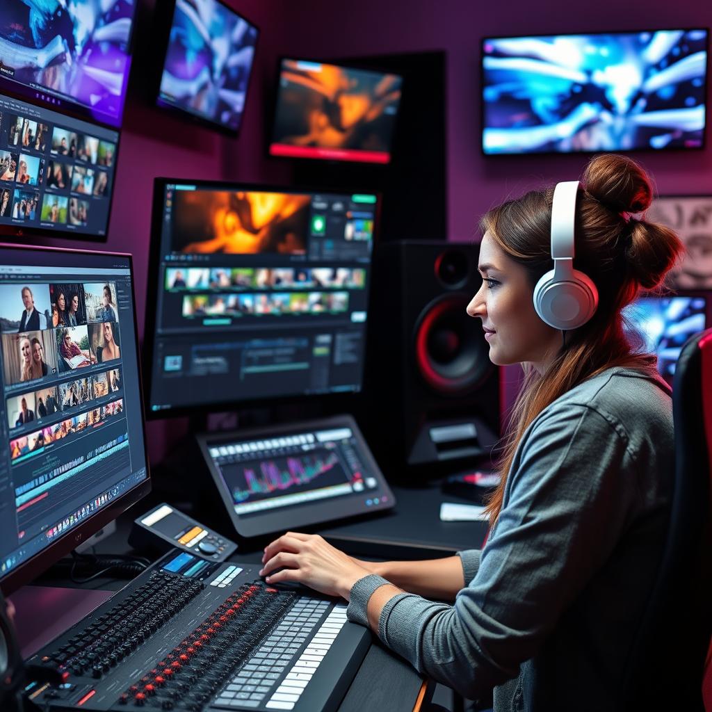 An engaging scene depicting a skilled audio and video editing artist at work in a modern editing suite