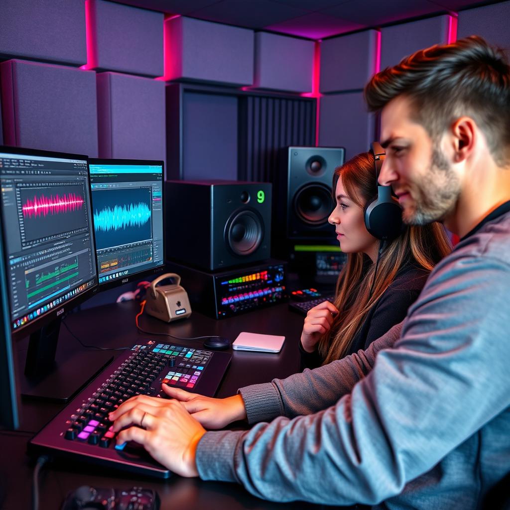 A collaborative scene of a male and female audio editing artists working together in a high-tech audio studio