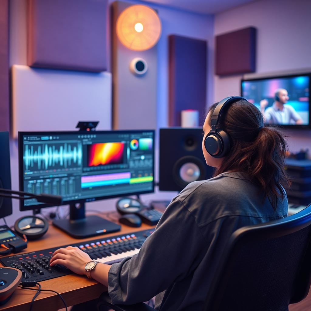 A creative and vibrant audio video editing studio featuring a talented artist deeply engaged in the editing process