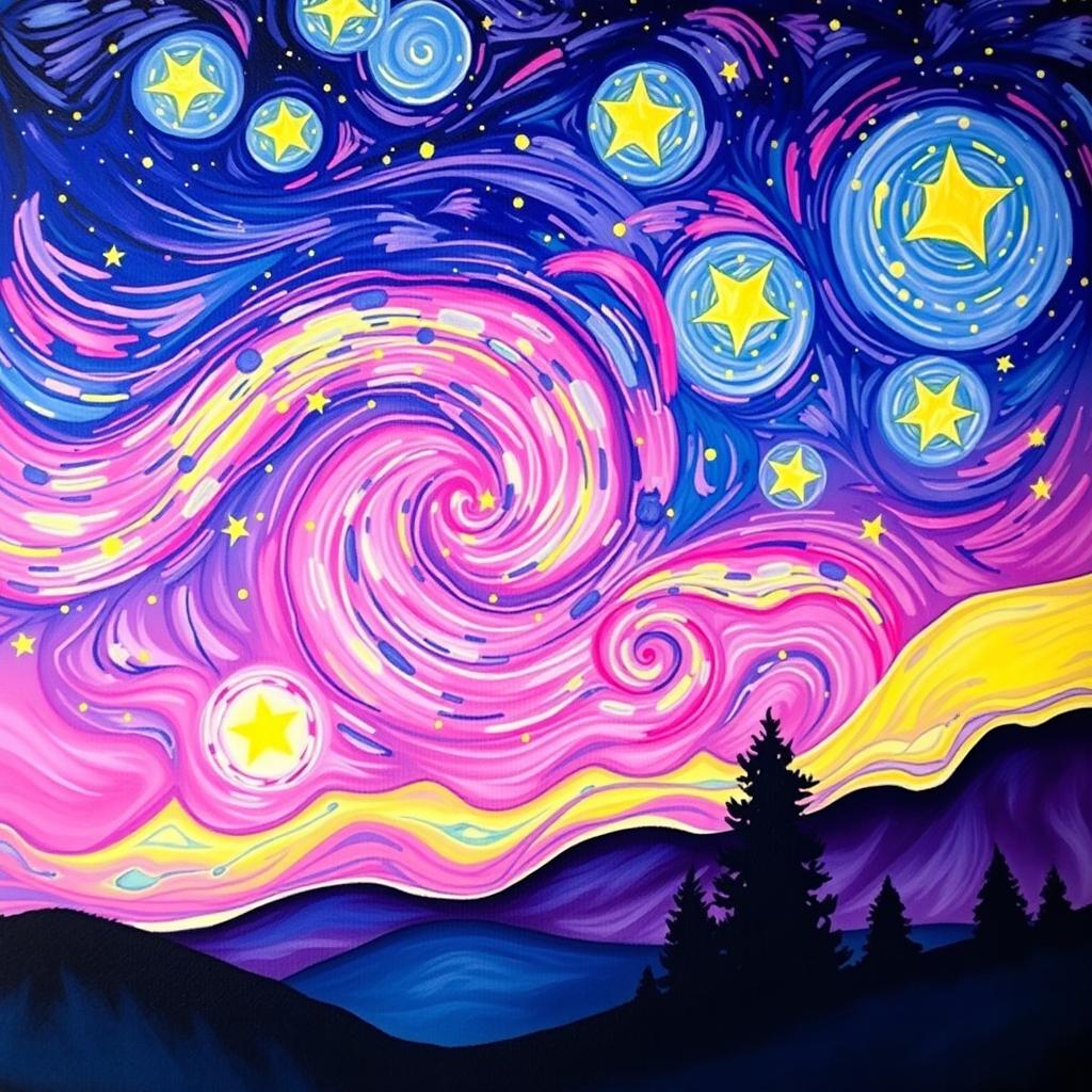 A vibrant and dreamy interpretation of a starry night sky, heavily inspired by Vincent van Gogh's iconic painting style