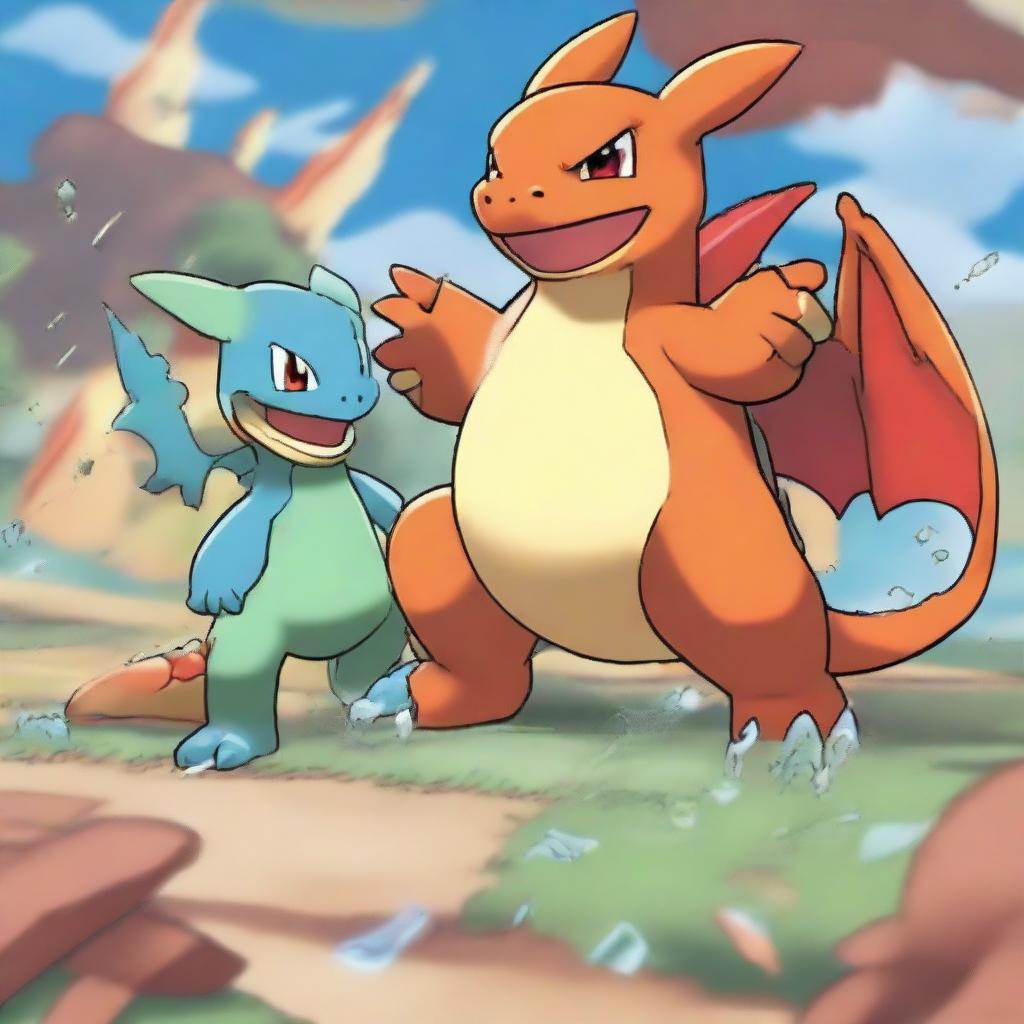 Charizard is seen in the aftermath of the battle, triumphant, with Squirtle fainted on the battlefield. Charizard's red health bar has only a minor decrease, while Squirtle's green bar is entirely drained.